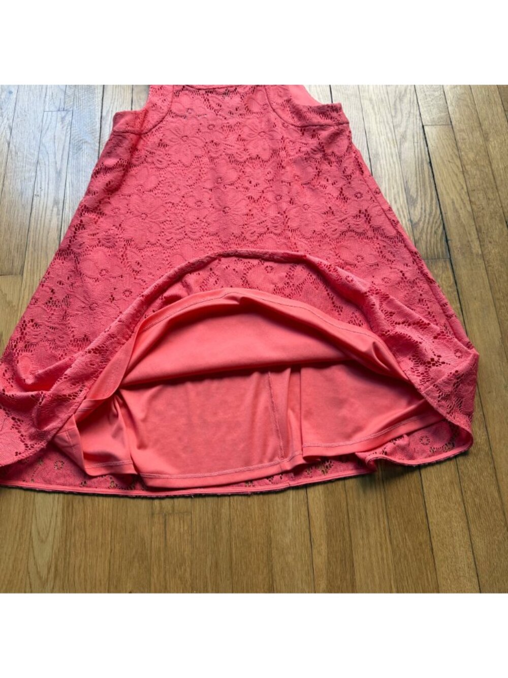 Donna Morgan Size 6 Coral Pink Sleeveless Tent Lace Overlay Trapeze Mini Dress - Picture 6 of 15